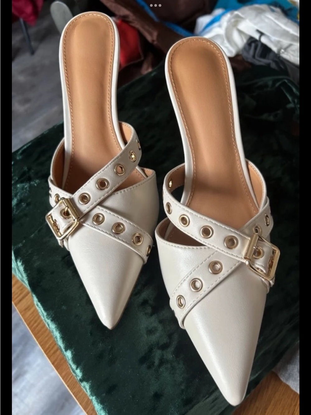 Amazon Women's Cream Pointed Strap Mule Sandals with Gold Hardware